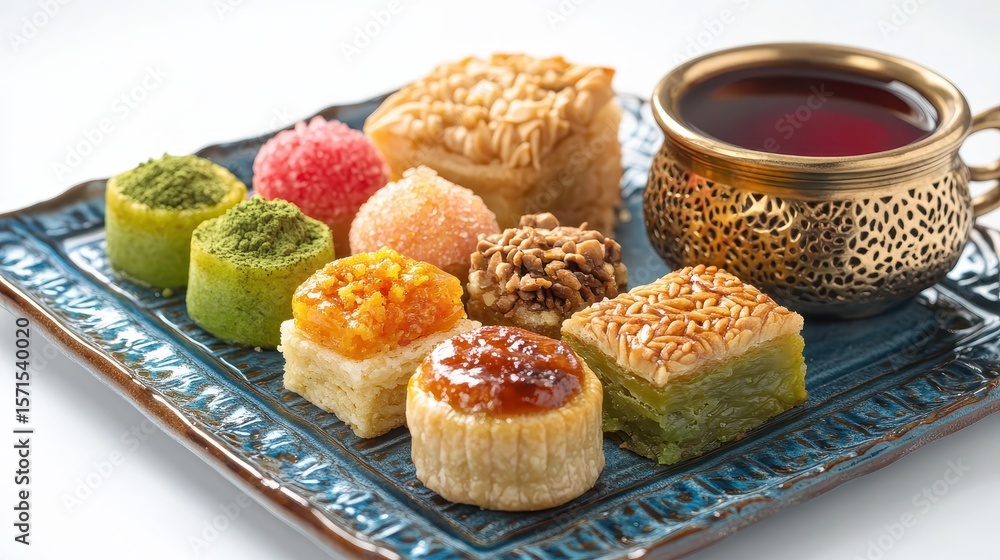 Assorted Delicious Sweets on Plate with Tea in Decorative Cup Assorted Delicious Sweets on Plate with Tea in Decorative Cup