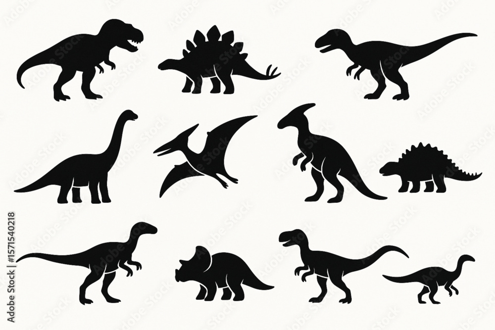 Fototapeta premium Dinosaur Silhouette Vector Set with Iconic Dino Species and Dynamic Poses on White Background