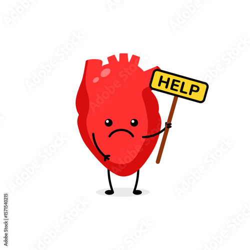 Heart figure shows emotion with a sad face and help sign, conveying a strong message.