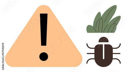 Large triangular warning sign with exclamation mark, green foliage, and bug illustration. Ideal for pest control, contamination alerts, warnings, agriculture, ecology, hazard awareness simple flat