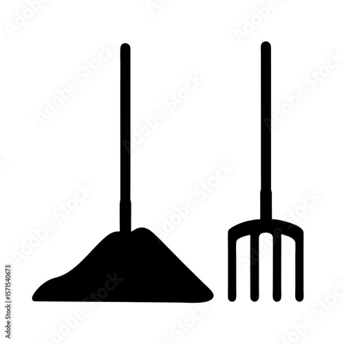Simple black silhouette vector of dirt pile and four pronged rake