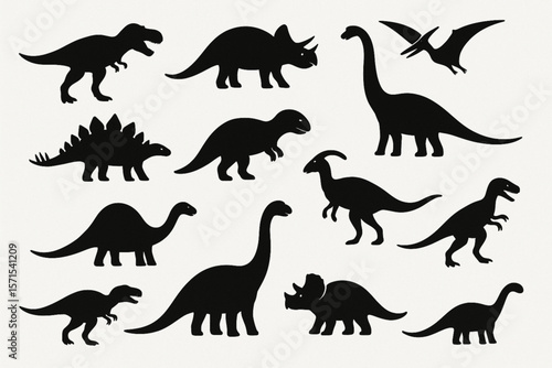 Dinosaur Silhouette Vector Set with Iconic Dino Species and Dynamic Poses on White Background