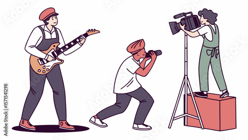 Creative professionals in media production musician photographer and videographer working together on set