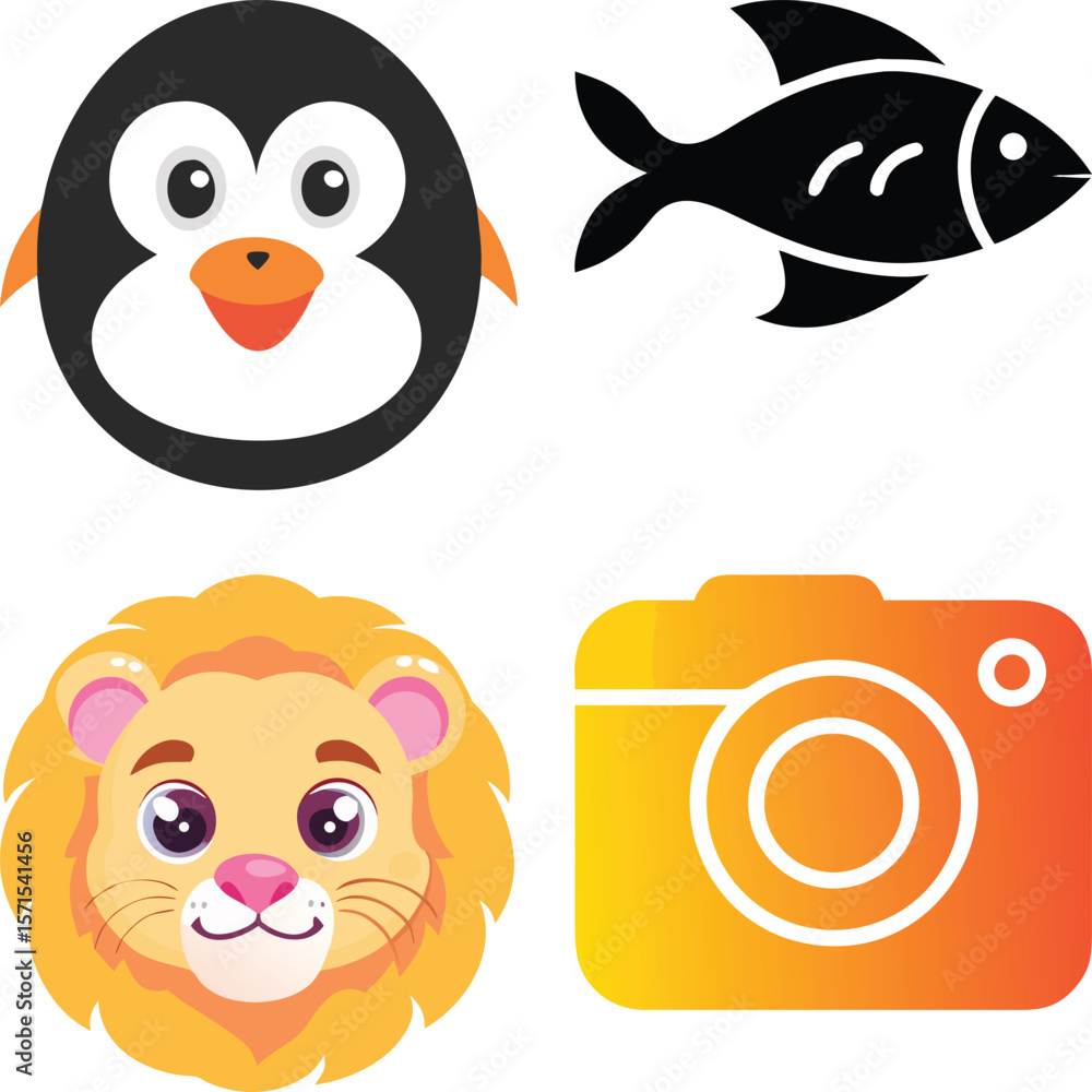Fototapeta premium Vector art of a delightful collection of cartoon animals a penguin face, a fish, a lions face, and an instagramstyle camera icon