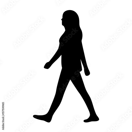 Silhouette of a woman walking forward with her arms swinging naturally and hair flowing