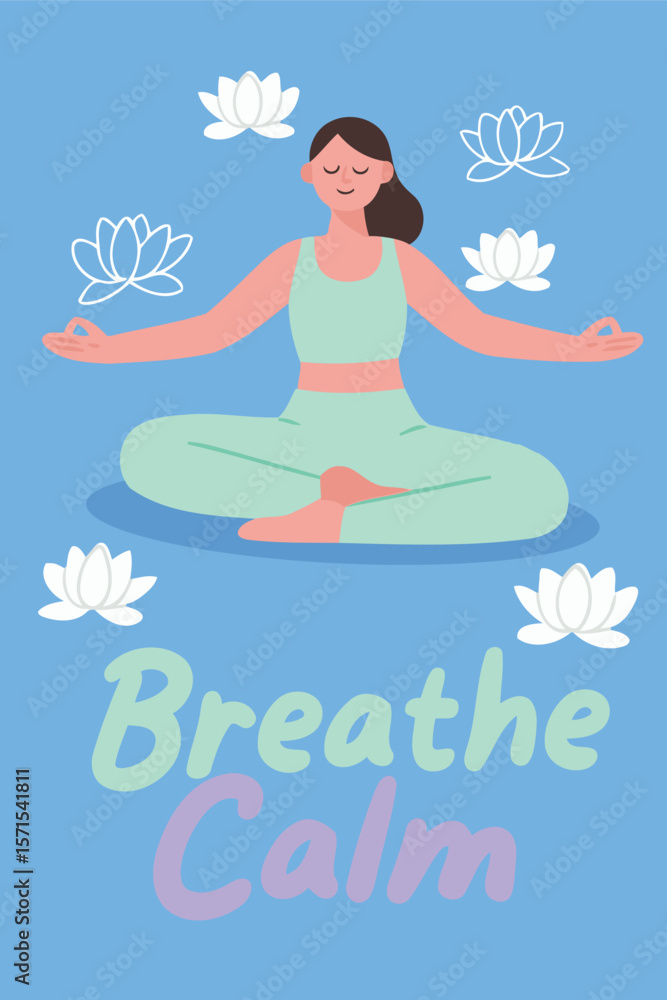 Breathe Calm Meditation with Lotus Flowers around her Breathe Calm Meditation with Lotus Flowers around her