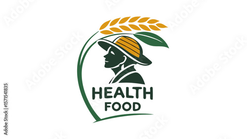 Healthy food logo design for agriculture farming and organic products with farmer and wheat illustration