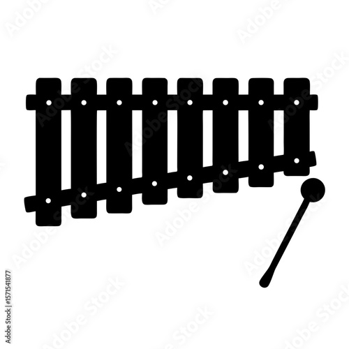 A simple black and white xylophone with a mallet stands ready to play