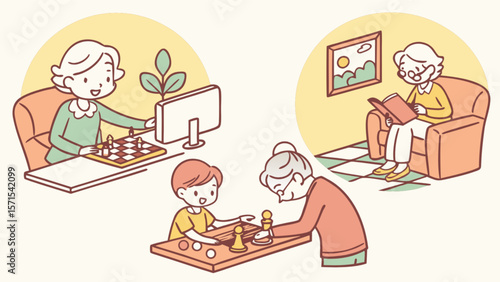 Illustration of seniors playing chess, reading, and enjoying board games in their leisure time at home