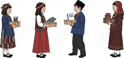 Children in traditional clothing exchanging gifts illustration vector image
