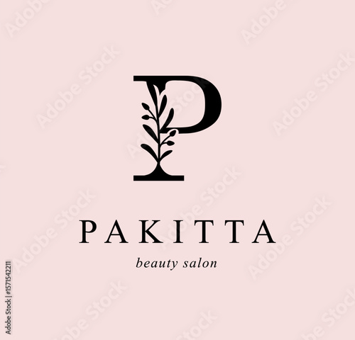 Logo, capital letter P. Monogram of Botanical Minimalistic, Initial. with Organic Plant Elements. Vector design. for tattoo studio