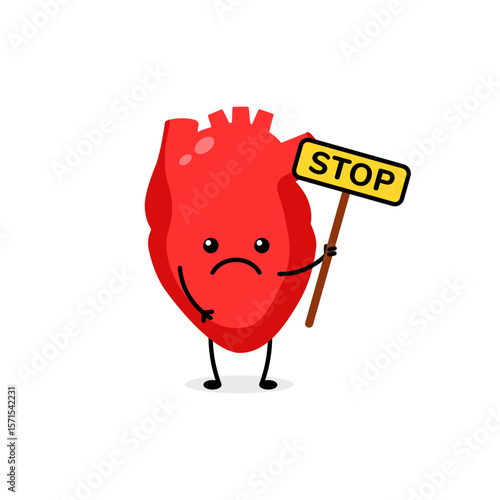 Heart with sad face holding stop sign conveys an emotional warning message through a cute design.