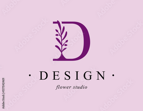 Logo, capital letter D. Monogram of Botanical Minimalistic, Initial. with Organic Plant Elements. Vector design. for tattoo studio