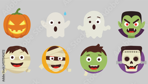 Cute Halloween Character Icons Pumpkins, Ghosts, and Monsters