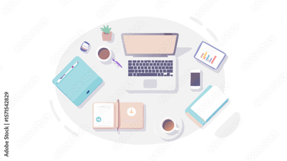 Top view of workspace with laptop, tablet, phone, notebook, coffee, and plant illustration vector Top view of workspace with laptop, tablet, phone, notebook, coffee, and plant illustration vector