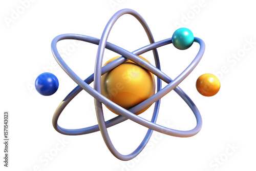 Stylized atomic model with orbiting electrons and nucleus isolated on transparent background