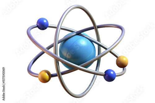 Stylized atom model with orbiting electrons and nucleus isolated on transparent background