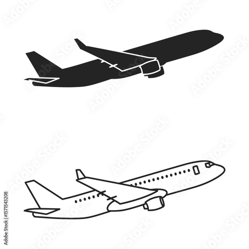 "Airplane Silhouette and Outline Icons – Commercial Jet Aircraft Symbols for Travel and Aviation Design"