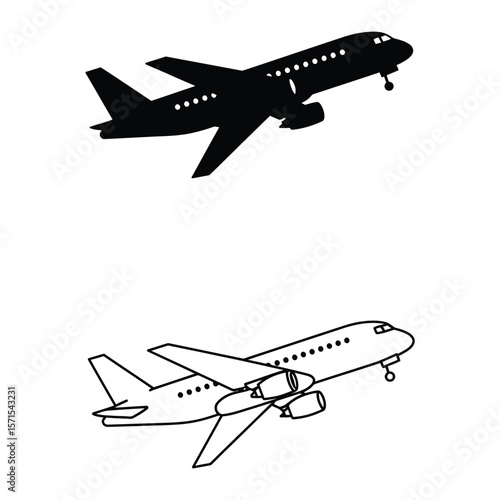 "Airplane Silhouette and Outline Icons – Commercial Jet Aircraft Symbols for Travel and Aviation Design"