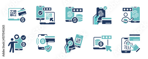 cashless transaction secure payment icon set online purchase mobile transfer protection security code signs vector illustration finance fingerprint success transfer symbol design