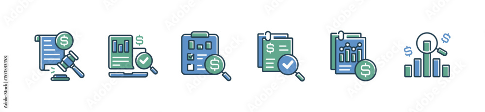 business accounting audit inspection icon line set financial management document review inspecting search magnifier legal auditor investigation signs vector illustration business accounting audit inspection icon line set financial management document review inspecting search magnifier legal auditor investigation signs vector illustration