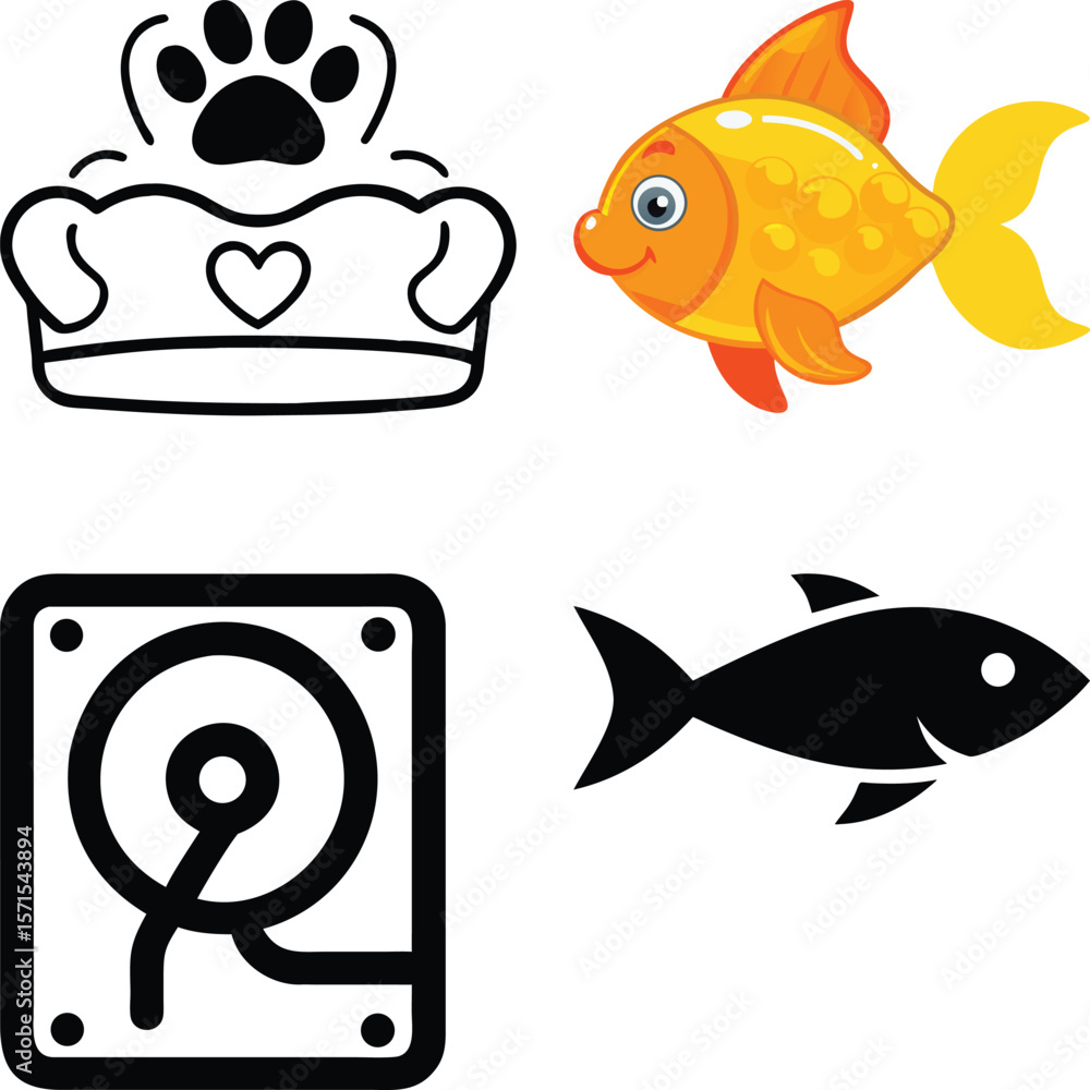 Naklejka premium Vector art of a paw print crown sits above a cute goldfish, while a hard drive and a black fish icon are below