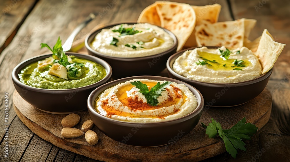 Assorted Middle Eastern Dips Served with Fresh Flatbread and Herbs Assorted Middle Eastern Dips Served with Fresh Flatbread and Herbs