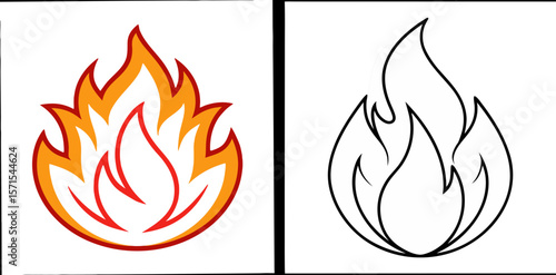 Fire Coloring Book Page – Outline Line Art Flame and Fire Illustration for Kids and Adults