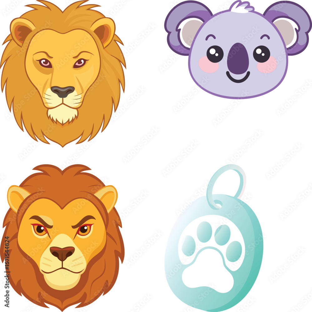 Obraz premium Vector art of two adorable cartoon lions and a cute koala, along with a paw print on a teal tag, create a charming and playful illustration