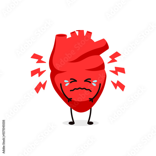 Heart in a cartoon style expresses pain with tears and lightning around it.