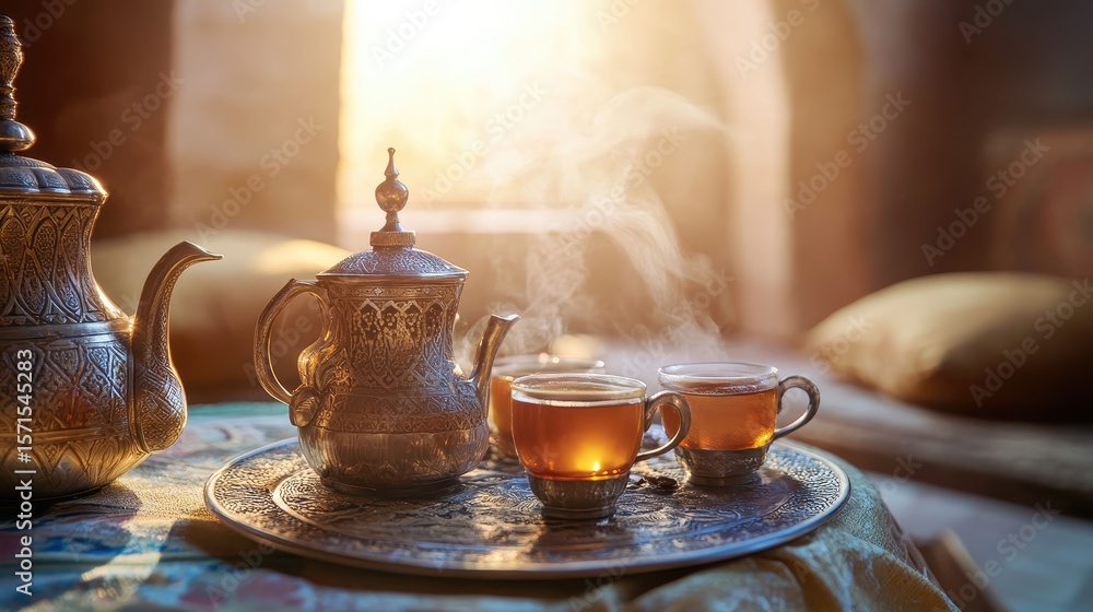 Fototapeta premium Elegant Traditional Tea Set with Tea Cups and Steam in Warm Light