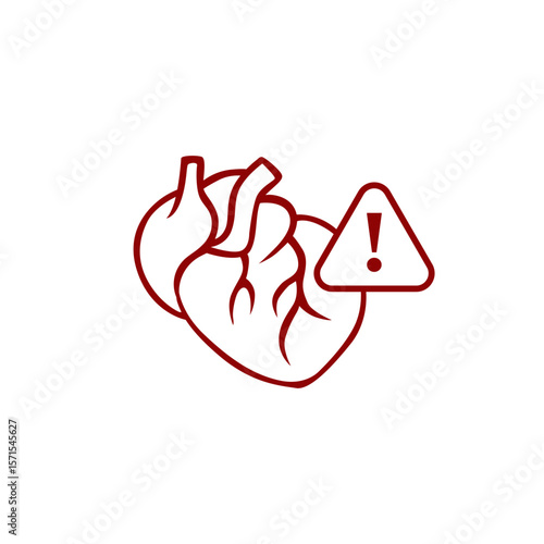 Anatomical heart icon with a warning sign. symbolizes a health alert or medical emergency.