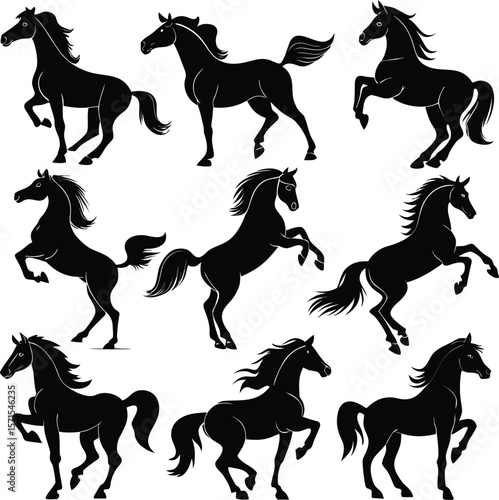 Horse silhouette bundle set vector A collection of 9 black horse silhouettes in various poses, including jumping, standing, sitting, and digital use with white background 