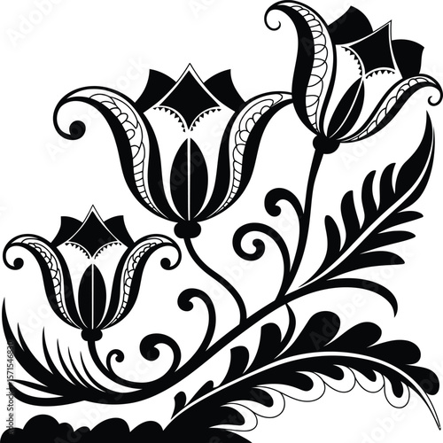 A beautifully intricate illustration featuring three stylized flowers with detailed petals and elegant leaves. This striking black design captures the essence of sophistication and nature, making it.