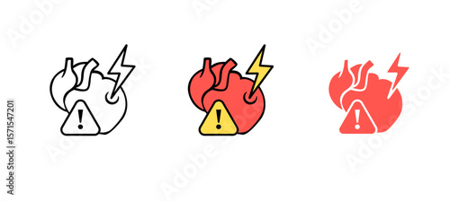 Heart designs with exclamation mark and lightning symbols in black and red represent warning concepts.
