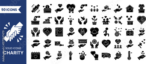 Charity and donation icon set in solid style. Containing donated, unity, caring, community, assistance, support, donor, help, volunteer and more. Vector illustration
