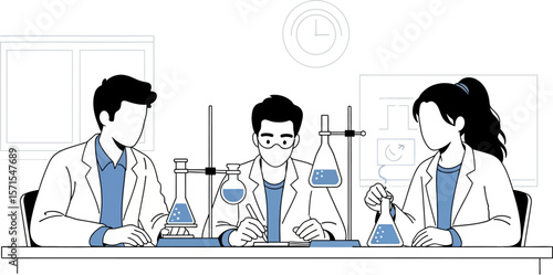 Illustration of scientists working in lab with beakers and chemical research