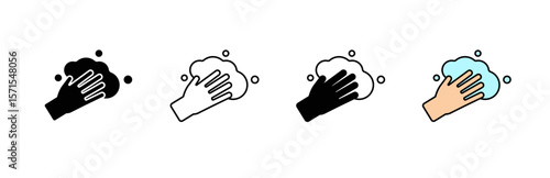 Icon showing hand washing with soap for hygiene in different design styles and color options.