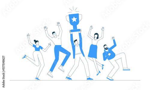 Vector illustration of a happy business team celebrating success, with a trophy held by the central winner. Concept of teamwork, victory, award, and recognition in a corporate or office environment