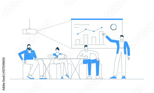 Vector illustration of a business presentation in the office. Team of employees listening to a speaker near a screen with charts. Concept of corporate training, teamwork, communication, discussion.