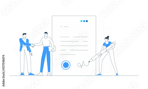 Vector illustration of a woman signing a business contract while two men shake hands, symbolizing agreement and partnership. Concept of document, deal, handshake, and corporate cooperation in office.