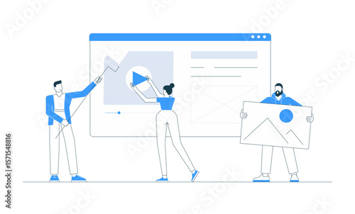 Vector illustration of a business team designing a website. Concept of web development, UI and UX design, teamwork, and digital project creation in a modern online environment.