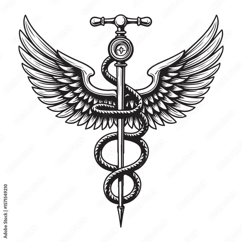 Fototapeta premium Caduceus medical symbol on black, a golden winged snake emblem for health, pharmacy, and hospital care