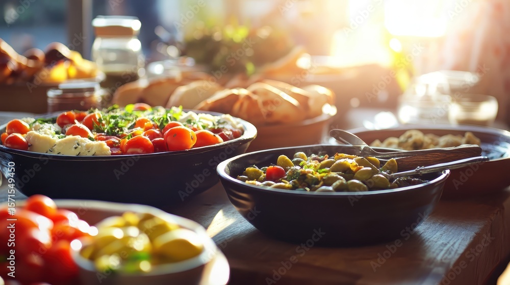 Fototapeta premium Fresh Gourmet Food Spread on a Wooden Table in Warm Lighting