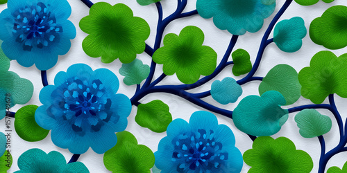 Vibrant Floral Pattern with Blue Flower and Green Leaf on Textured White Background