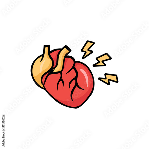 Cartoon heart with yellow lightning bolts symbolizes energy and strong emotions in bright colors.