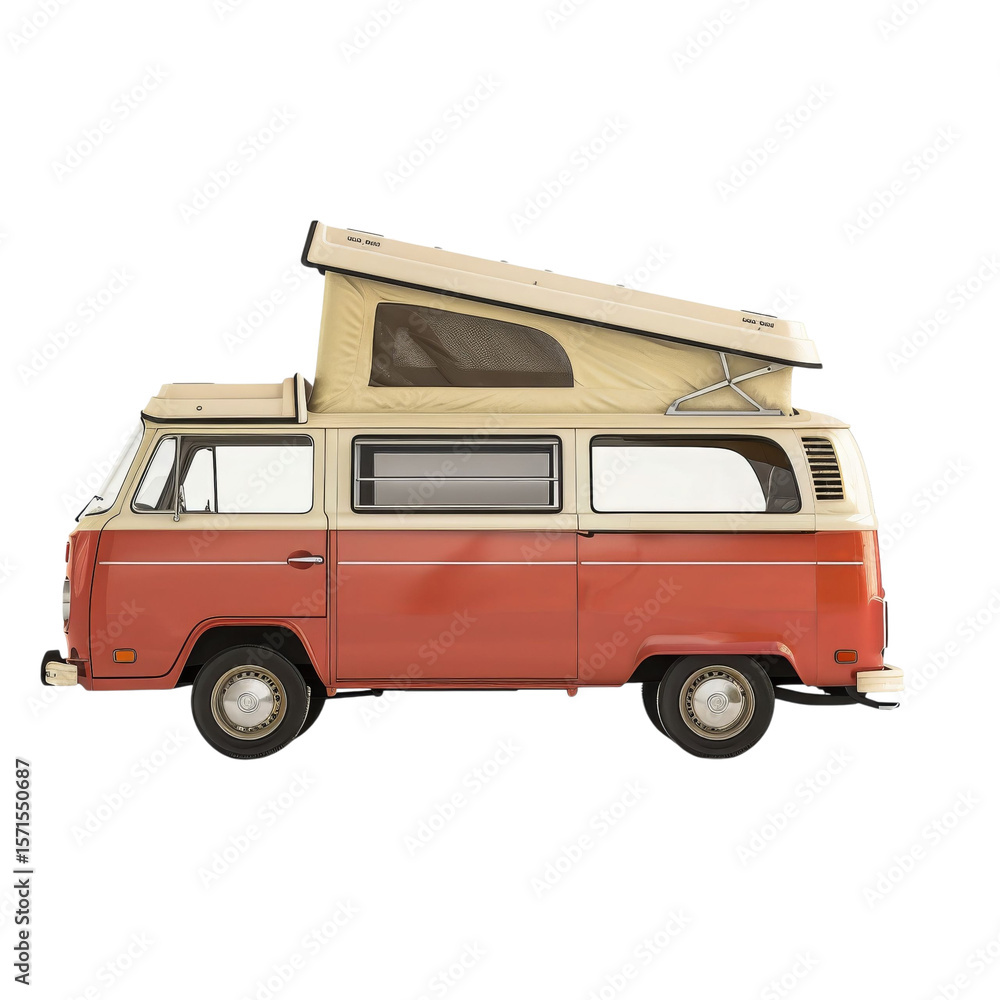 Naklejka premium A vintage orange and beige camper van with a pop-up roof, perfect for road trips and outdoor adventures.