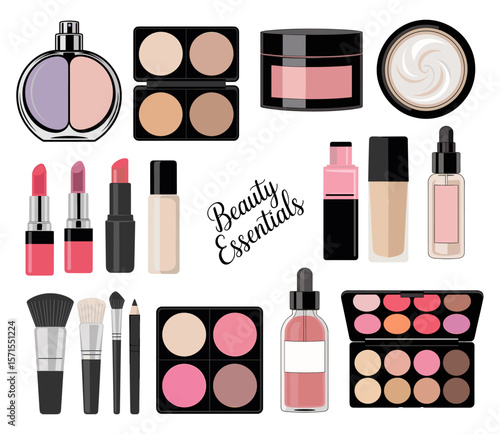 A collection of makeup products including lipsticks, nail polish, and eye shadow. Concept of abundance and variety, with many different shades and colors available
