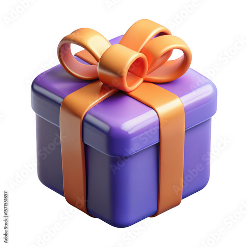 3d rendered purple gift box with orange ribbon isolated on transparent background