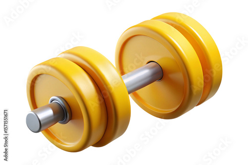 Bright yellow dumbbell with silver handle isolated on transparent background